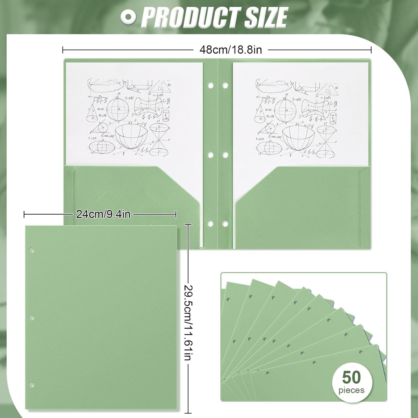 Yeaqee 50 Pcs Plastic Folders with Pockets Bulk 3 Hole Punched 2 Pocket File Folders for 3 Ring Binder Divider Folder for Notebooks, Durable Poly for Office Home (Sage Green)