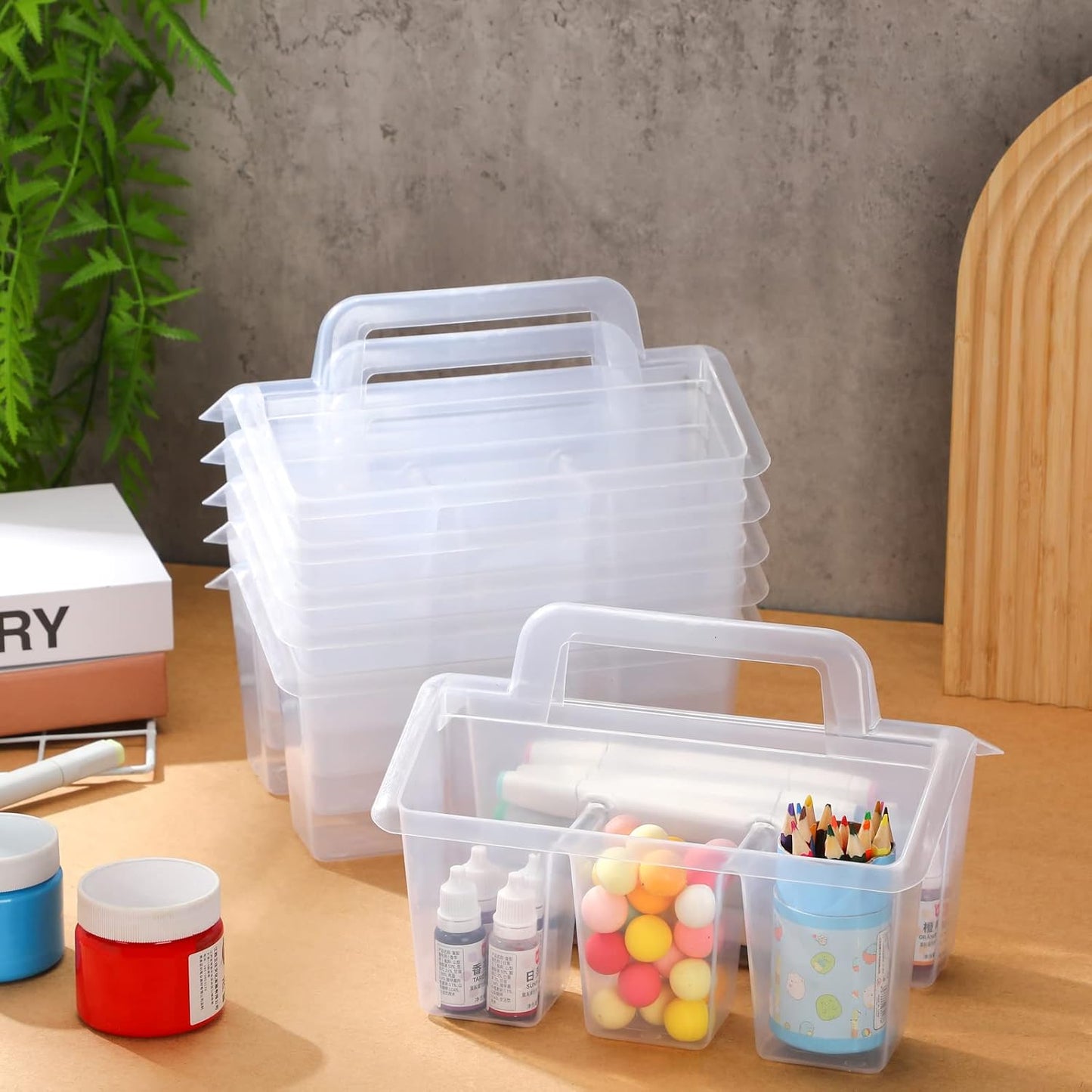 Maitys Classroom Storage Caddies with 4 Compartment Portable Plastic Storage Caddy Organizer with Built in Handles and Colorful Stickers Crayon Caddy Small Utility Caddy for Classrooms Office (6 Pcs)