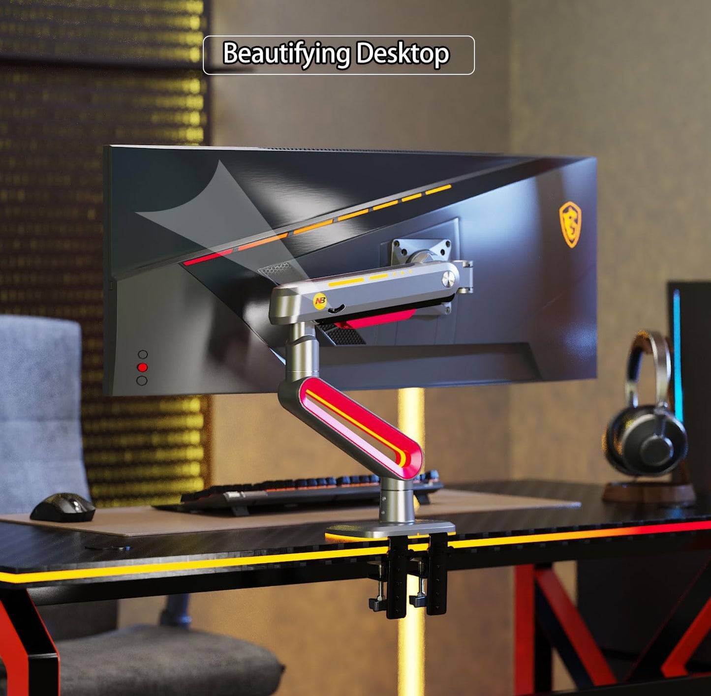 NB Designer Gaming Monitor Arm for 32 to 60 Inches Screen, Load up to 20 kg, VESA 75/100, RGB-Light, Heavy Duty, Multi Angle Adjustable, Premium Aluminum, Long Arm Extension Red