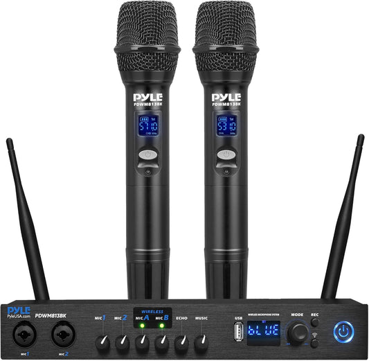 Pyle Digital Wireless Microphone System with Bluetooth - Includes 2 Dynamic UHF Handheld Mics, Portable Long-Range Receiver w/Built-in Echo Effect - for Live Pro Audio, Karaoke, Studio - PDWM813BK