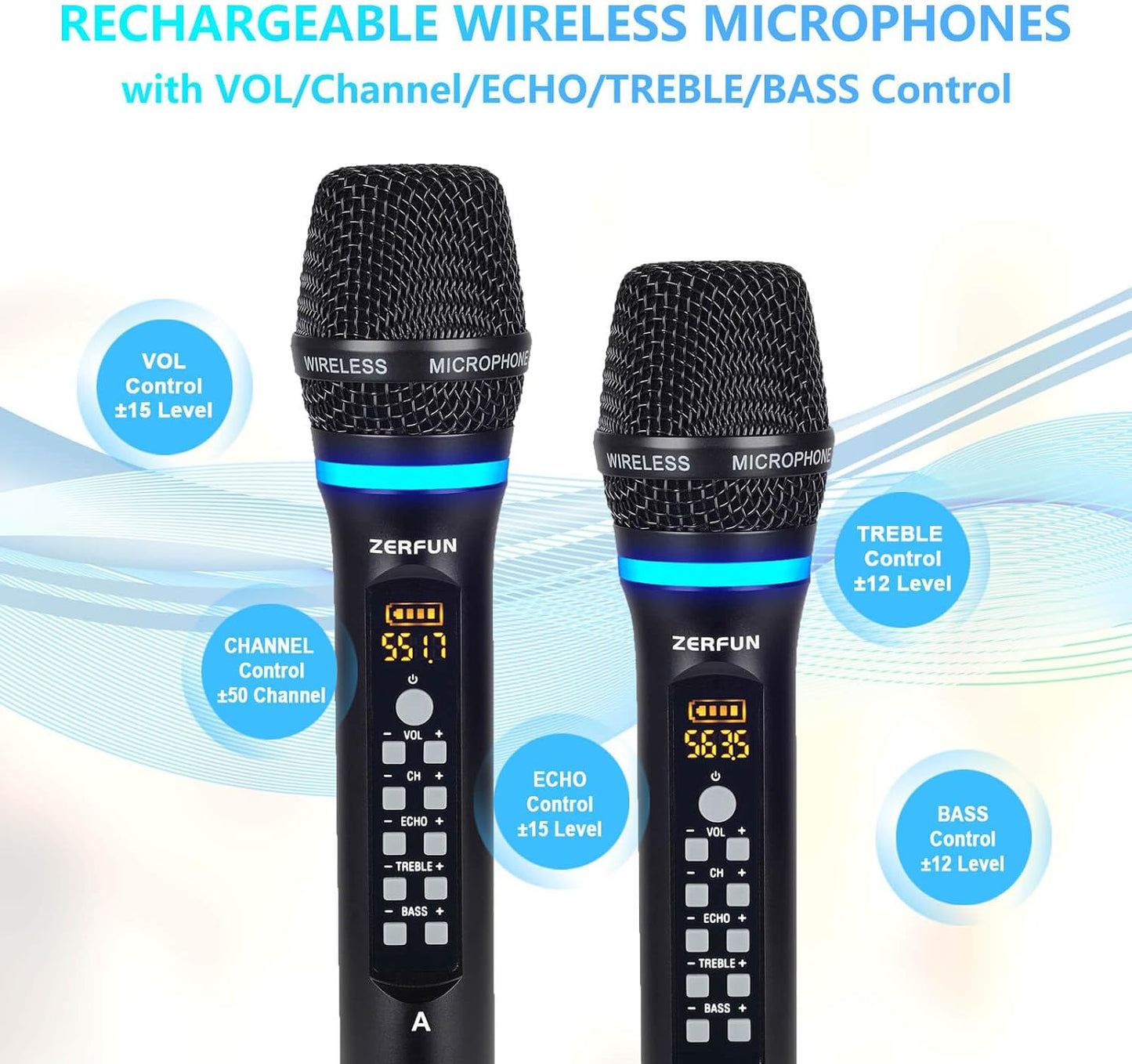 Pro Rechargeable Wireless Microphone System 4 Channel, UHF Metal Handheld Wireless Microphones Cordless Mics with Echo Treble BASS VOL Channel Control for Karaoke Singing Church(GT-200)