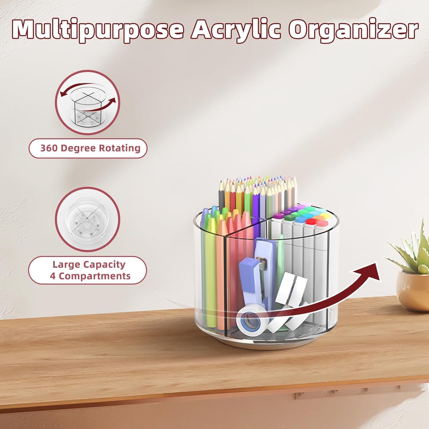 Absonic Pencil Holder for Kids, 360 Rotating Pen Holder for Desk Organizer and Storage, 4 Compartments Art Supply Marker Organizer, Pen Organizer Pencil Holder