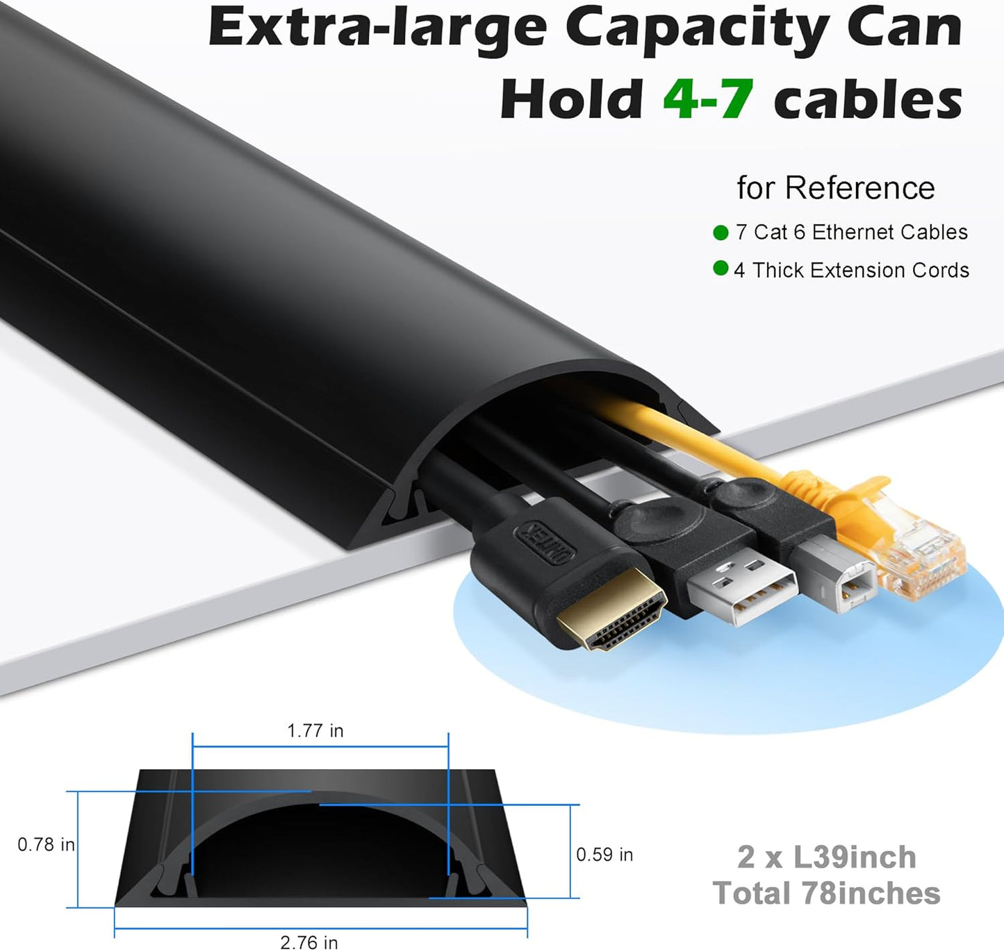 Cord Cover Floor 6.6ft (2 x L3.3ft), Large Capacity Floor Cable Cover, Hard PVC Cord Hider, Wire Cable Management Raceway, Black, Cord Cavity - 1.8"(W) x 0.6"(H)