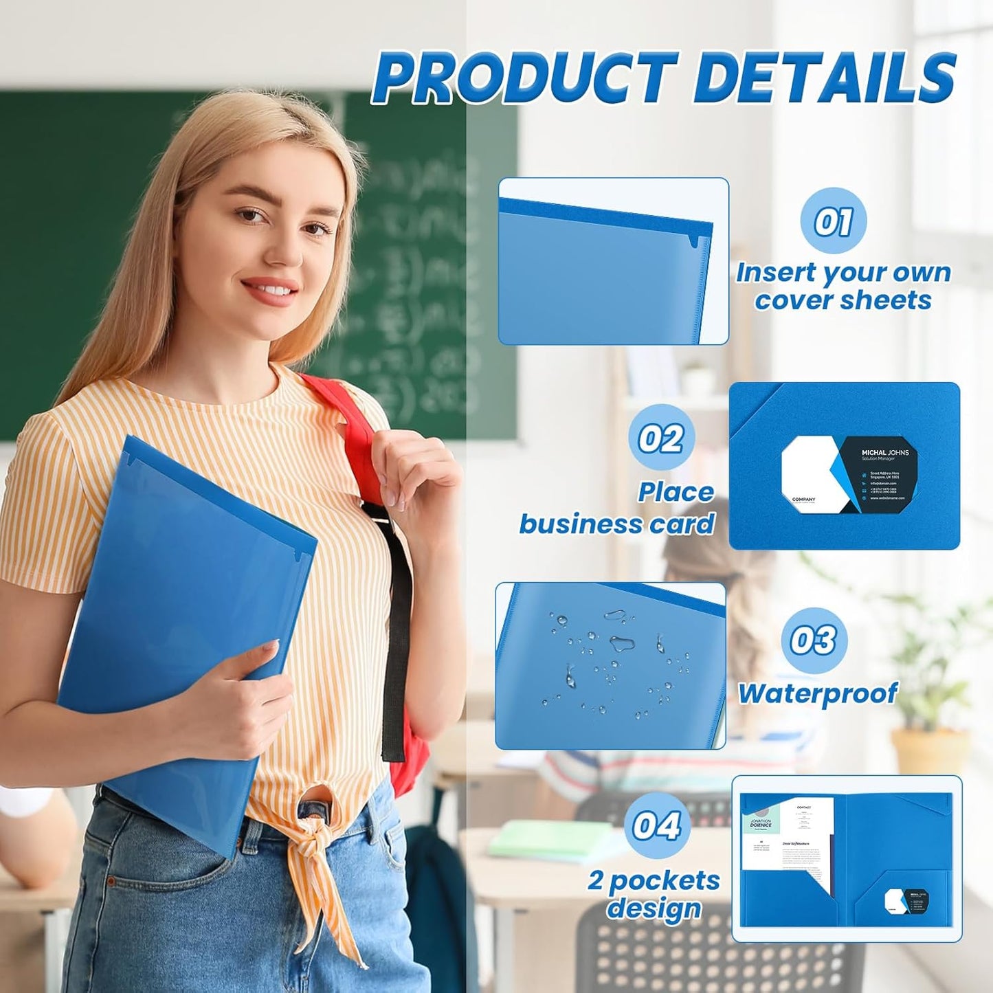 Henoyso 200 Pcs Plastic Folders with Clear Front Pockets Bulk Heavy Duty File Folders with 2 Pockets and Card Slot for Student Teacher Back to School Supplies Office Presentation (Blue)