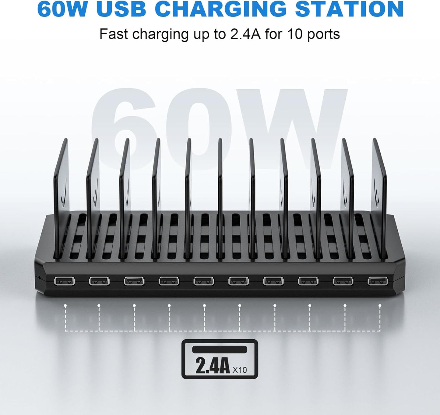 Charging Station for Multiple Devices, Cinlinso 60W 10 Port USB Fast Charging Station with Adjustable Dividers, Compatible with iPhone, iPad, Tablets and Cell Phone (Black)