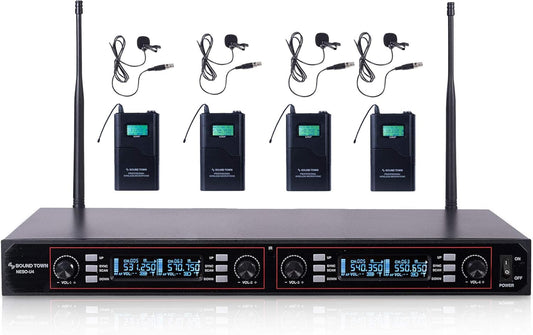 Sound Town 200-Channel Rack Mountable Professional Adjustable UHF Wireless Microphone System with Metal Receiver, 4 Lavalier Mics, 4 Bodypack Transmitters (NESO-U4LL)