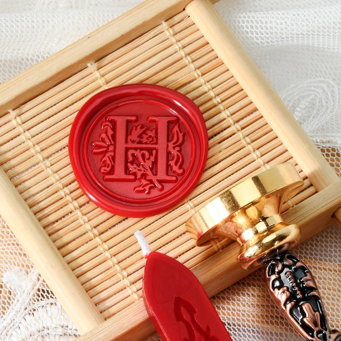 Wax Seal Stamp kit, Envelope Wax Seals DIY Kit - Retro Sealing Wax Candle + Classic Initial Alphabet Seal Wax Seal Stamp Letter H - in Blue Gift Box