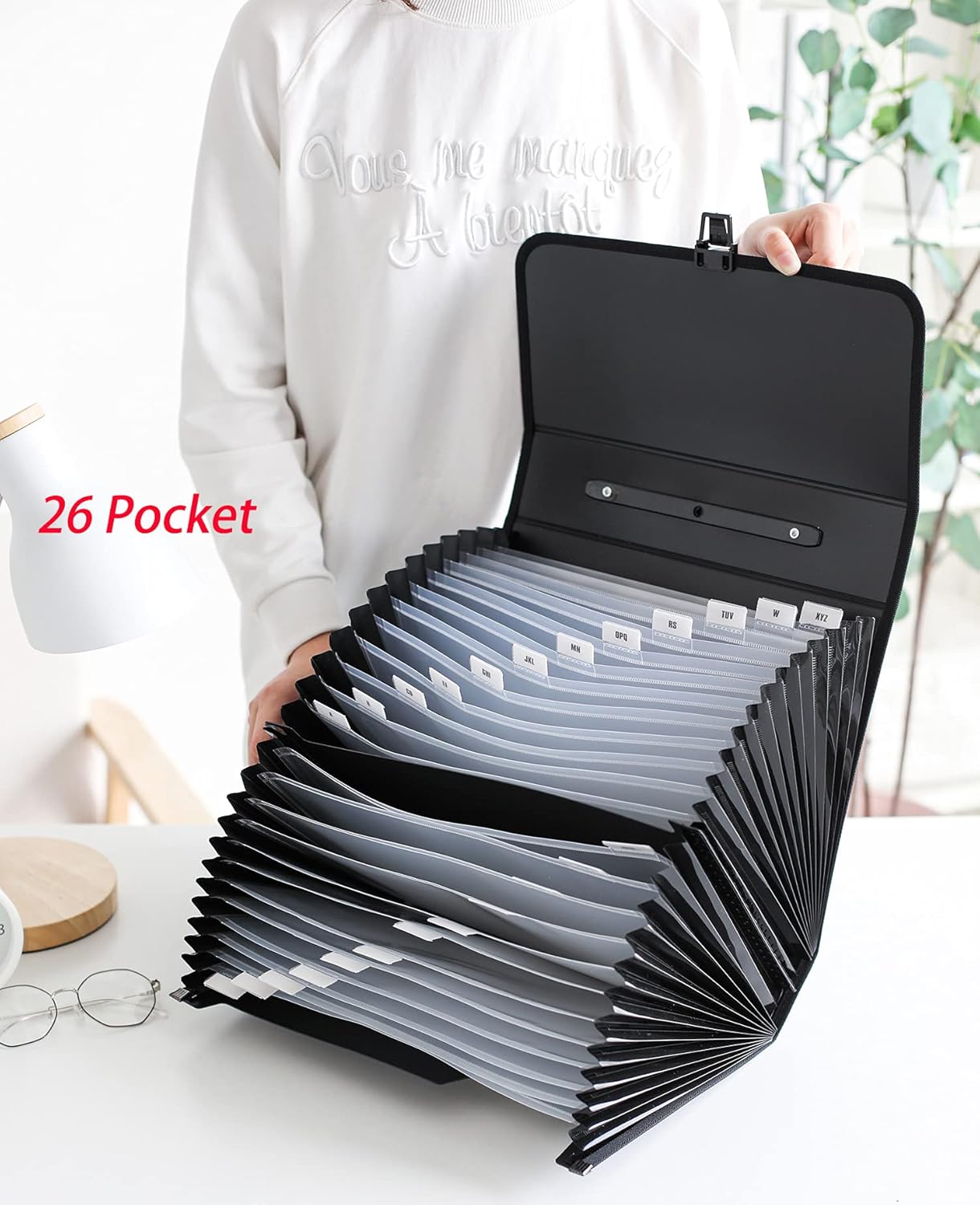 Expanding Accordion File Folder with Labels, 26 Pocket Document Organizer, Letter A4 Size, 1 Pack (Black)