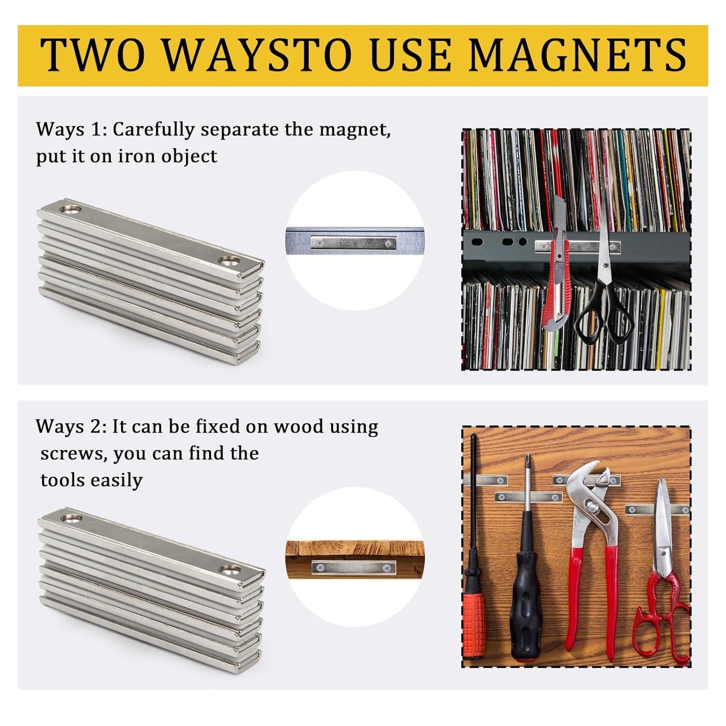 Heavy Duty Rectangular Countersunk Magnets Strips,Rare Earth Cabinet Magnetic Bar,Extra Thin Strong Neodymium Magnets for Wall Mounting (6 Pack, Sliver)