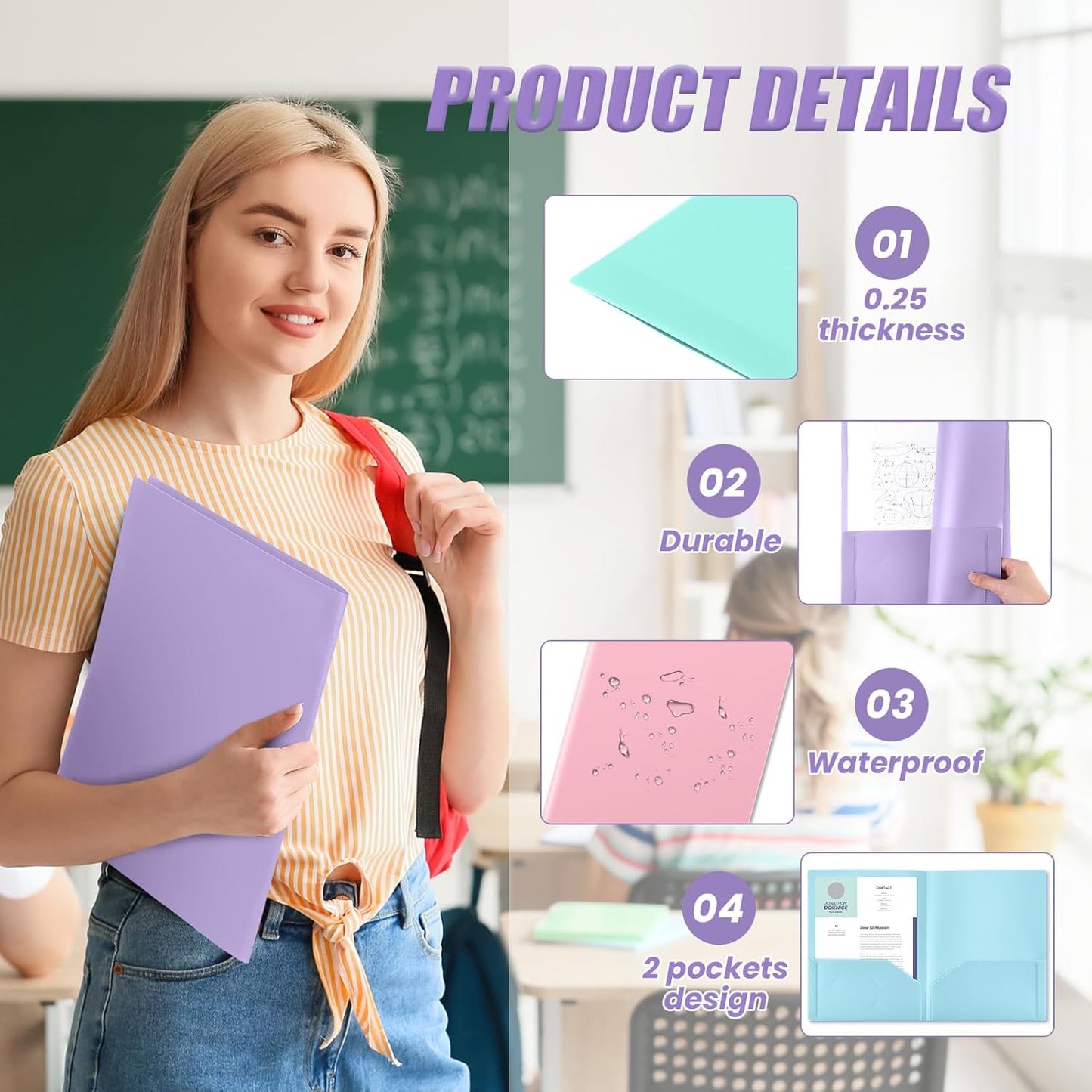 Gueevin 12 Pcs Plastic Folders with Pockets, Back to School Two Pocket Folder Fit Letter Size, Heavy Duty School Business Card Holder for Home Office, 11. 61 x 9. 45 Inches (Pastel)