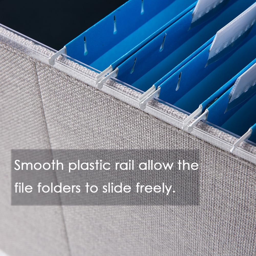 PRANDOM File Organizer Box - Set of 2 Collapsible Decorative Linen Filing Storage Hanging File Folders with Lids Office Cabinet Letter Size Light Grey (15x12.2x10.75 inch)