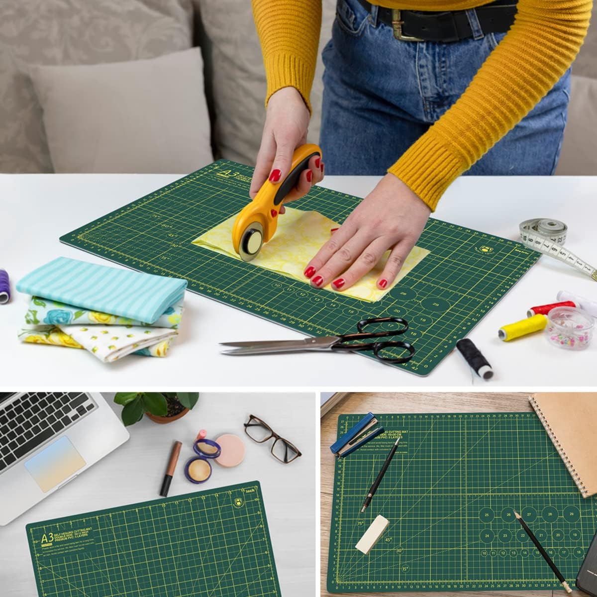 Headley Tools 18"x12" Thickened Self Healing Cutting Mat, A3 Rotary Cutting Sewing Mat for Crafts, Double Sided 5-Ply Table Cutting Board for Fabric Quilting Leather Arts Hobby Project, Green