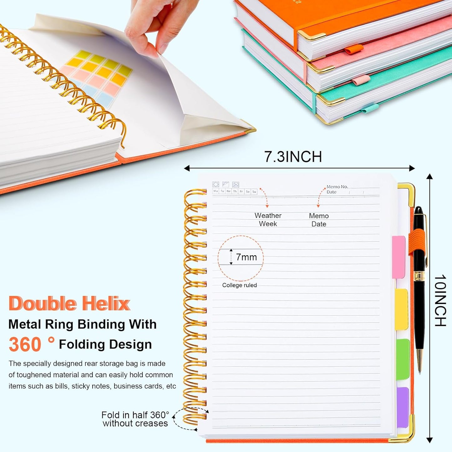 Hardcover Spiral Notebook 8"x10" Journal Notebook with Tabs and Removable Dividers 300 Pages 5 Subject Notebook College Ruled, Faux Leather Spiral Bound Notebook for Women, Students, School Work (Orange)