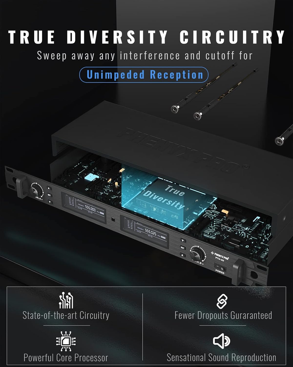 Phenyx Pro Wireless Microphone System, True Diversity Dual Cordless Microphone Set w/UHF Handheld/Bodypack/Headset/Lapel Mics, Auto Scan, 2x1000 Channels for Stage & Studio (PTU-2U-1H1B)