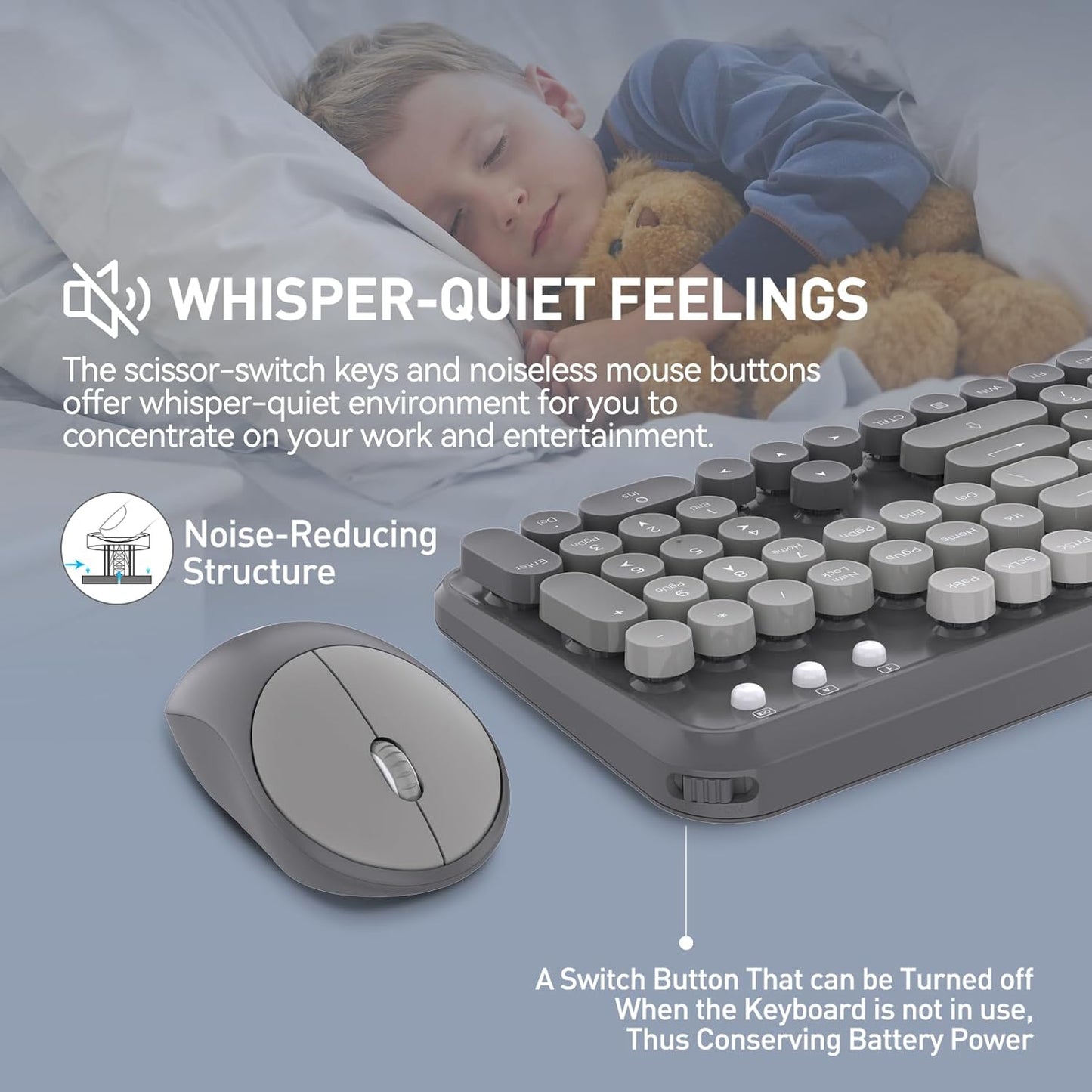 Wireless Keyboard and Mouse Combo, 2.4 GHz Wireless Full-Sized Typewriter Keyboard with Round Keycaps for Windows, Computer, Desktop, PC, Laptop (Grey)