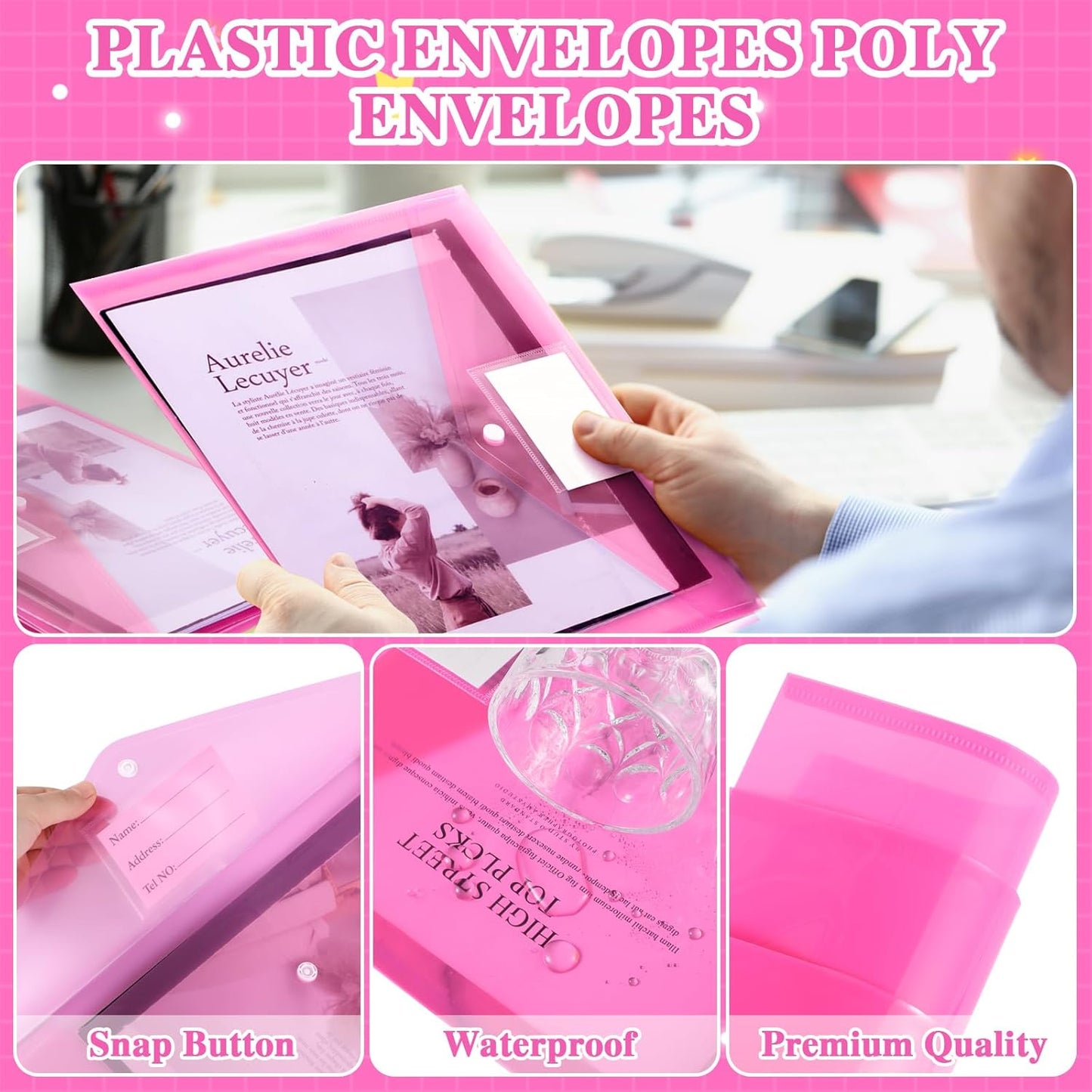 Yeaqee 50 Pcs Plastic Envelopes Poly Envelopes File Folders with Snap Button Closure Clear Folders for Documents US Letter A4 Size Filing Holder with Label Pocket for Home Office School(Pink)