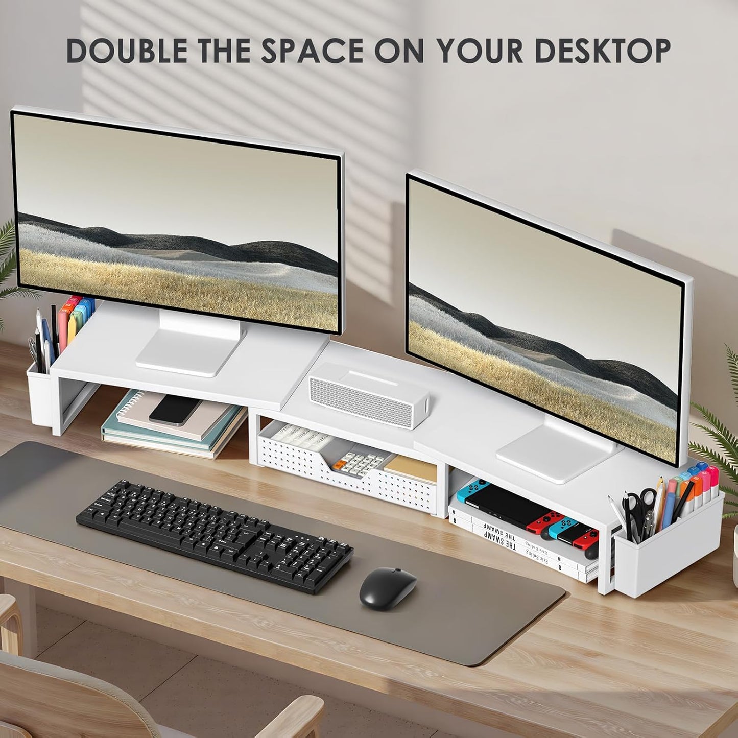 White Dual Monitor Stand Riser, Metal Desk Organizers and Accessories with Drawer and 2 Pen Holders, Computer Monitor Stand for Desk