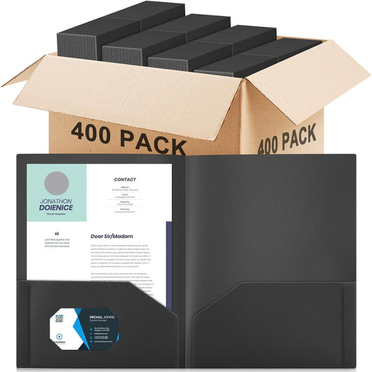 Gueevin 400 Pcs Two Pocket Folders Bulk Plastic File Folder with 2 Pockets Letter Size Paper Heavy Duty Durable Portfolios Case for Home Office School Business 11.61 x 9.45 Inch (Black)