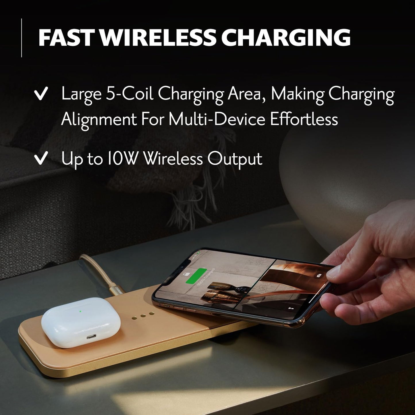 Courant Catch:2 Classics - Italian Leather Dual Wireless Charging Pad - Compatible with iPhone 11, X, SE, Galaxy S23, S22, S21, S20, Note, AirPods, AirPods Pro (Black)