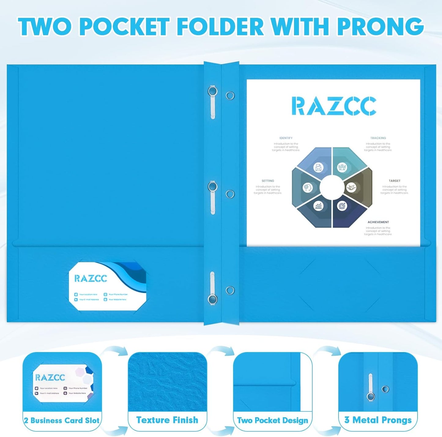 Two Pocket Folders, RAZCC 75 Pack Two Pocket Folders with Prongs, 3 Prong Folders Fit Letter Size Paper, Pocket File Folders for School Office Home Business, Blue