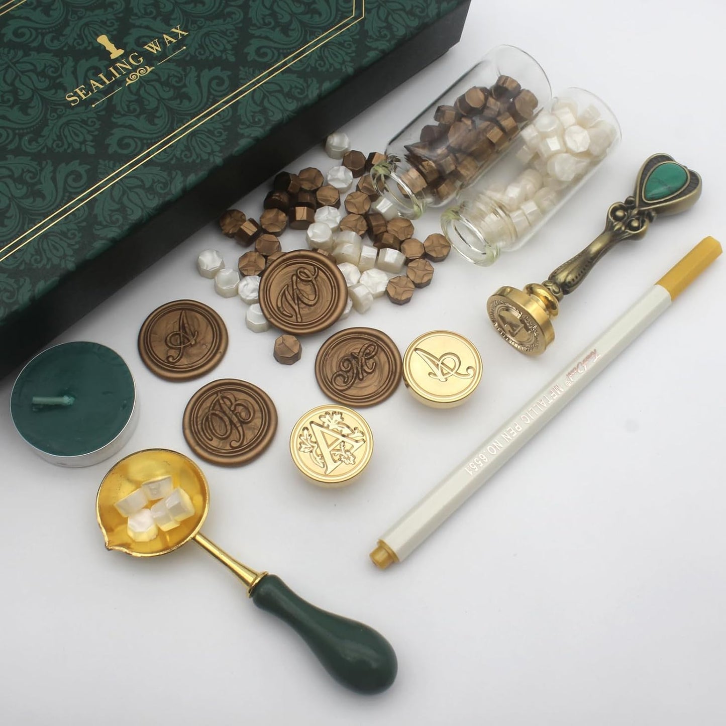 Letter Wax Seal Stamp Kit, Andotopee Wax Seal Kit Initial Alphabet A Sealing Wax Stamp Head 3pcs, Vintage Wax Stamp Seal Kit with Wax Seal Beads, Wax Seal Warmer Tools, Wax Seal Pen, Gift Box Set