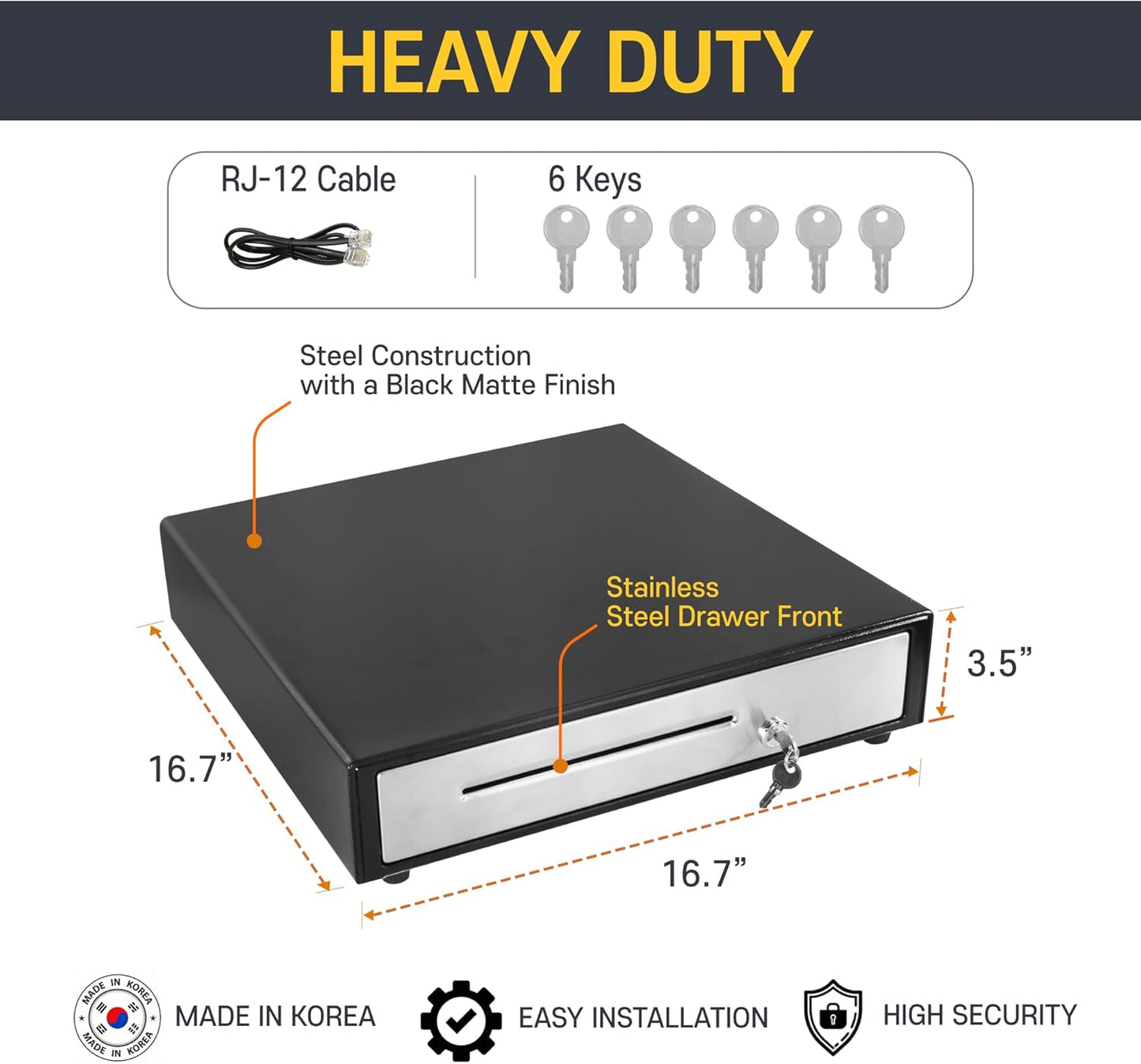 HK SYSTEMS 16inch Cash Drawer for POS, No Logo, Black, DC 24V/Micro Switch, RJ12, 1slot, Removable and Adjustable cash tray 5-bill/5-coin Metal wire gripper, 6Keys #135, Stainless Steel front, HK box