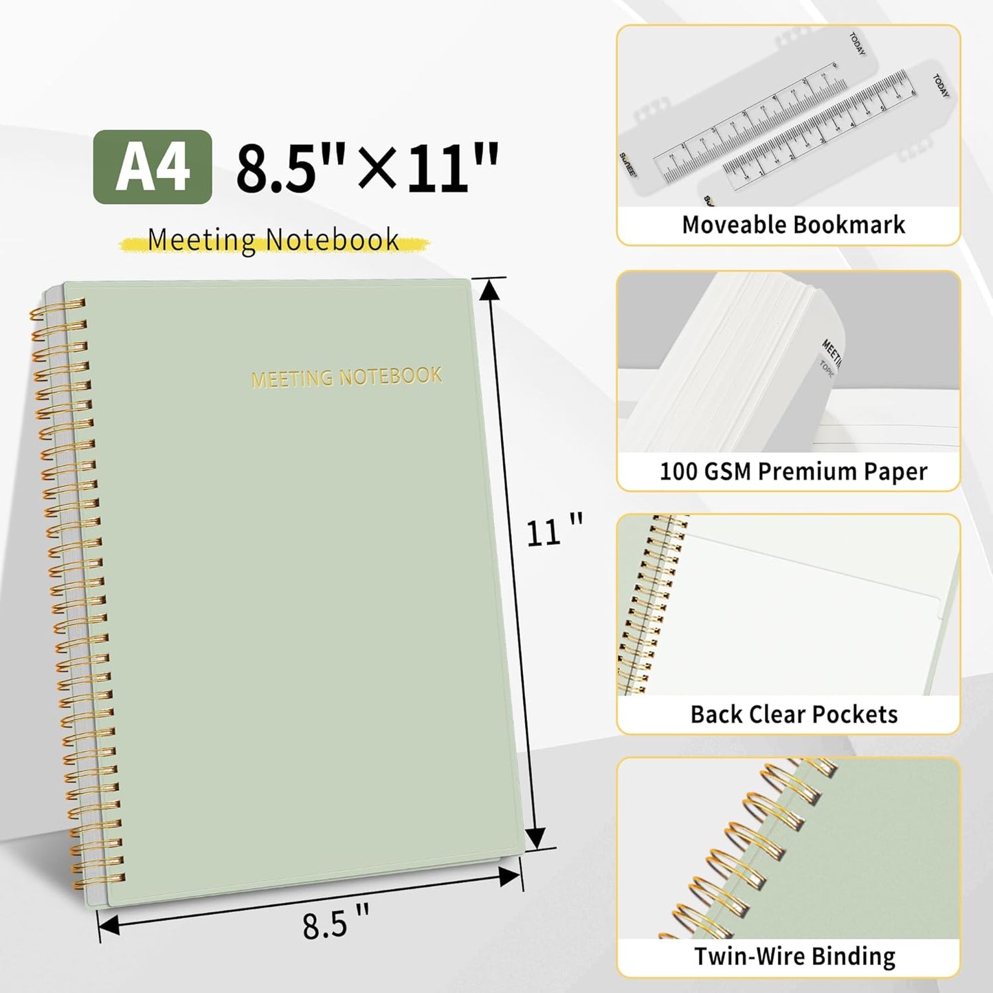 SUNEE Half Meeting Half Note - 8.5"x11" Professional Notebooks for Work - 160 Pages, A4 Size Project Planner, Spiral Meeting Agenda/Minutes Organizer for Women Men, Note Taking, Office & Business