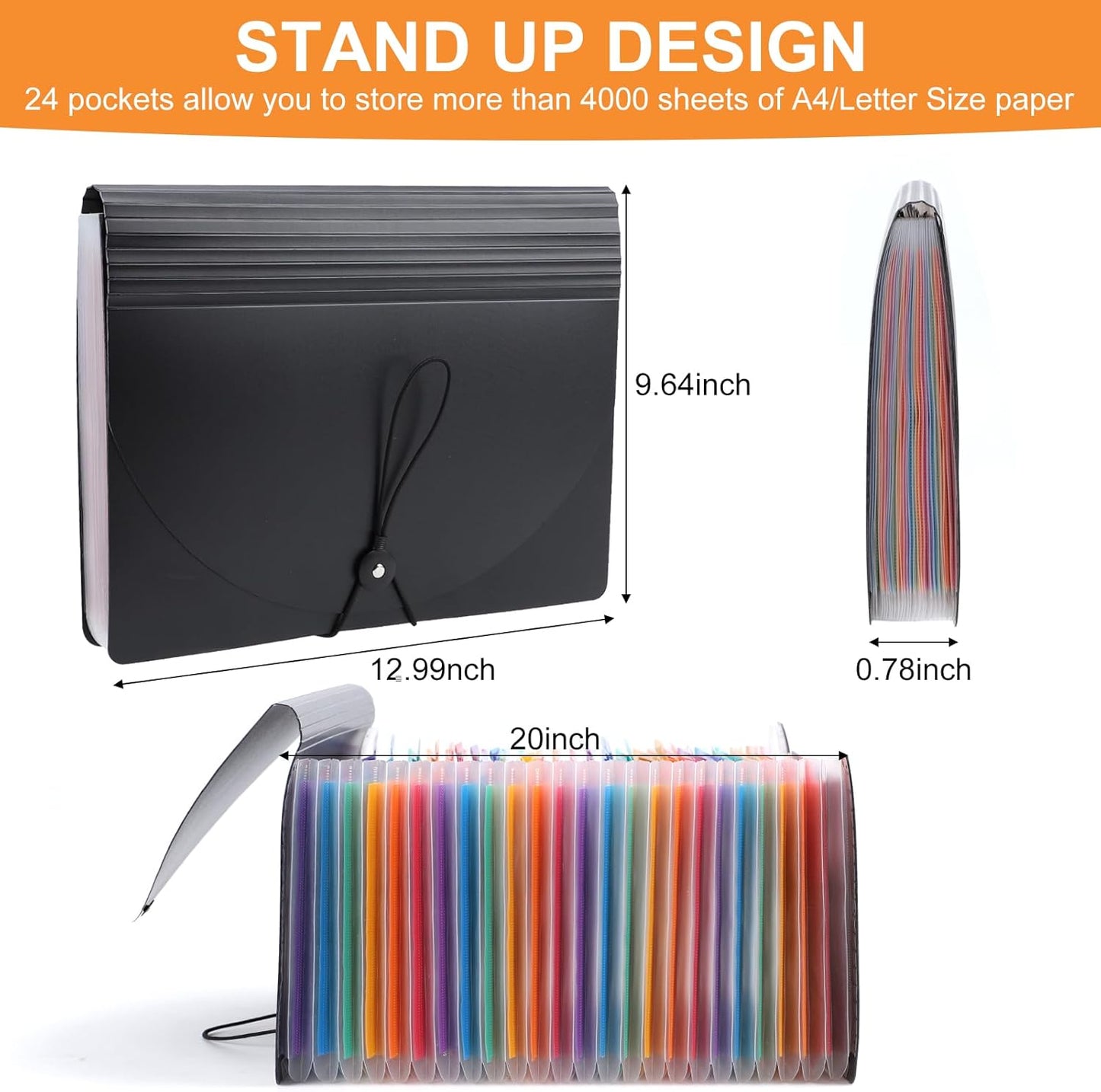 Accordion File Organizer, 24 Pockets Expanding File Folders, Portable Letter A4 Size Filing Box with Colored Labels and Expandable Cover, Monthly Bill Receipt Documents Organizer Black