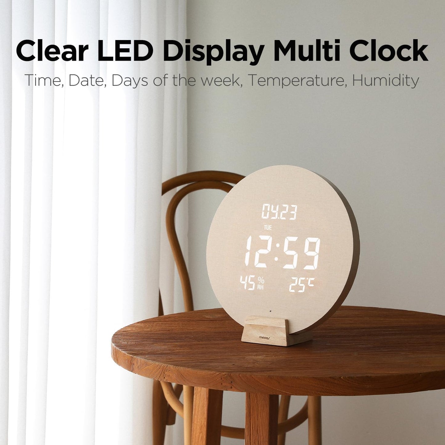 mooas Wood Moon Cordless Digital LED Wall Clock, Time Week Temperature & Humidity, Sound Sensor-Auto Brightness, Modern Décorative LED Clock for Bedroom Livingroom, Wireless Wall Mount/Wooden Stand