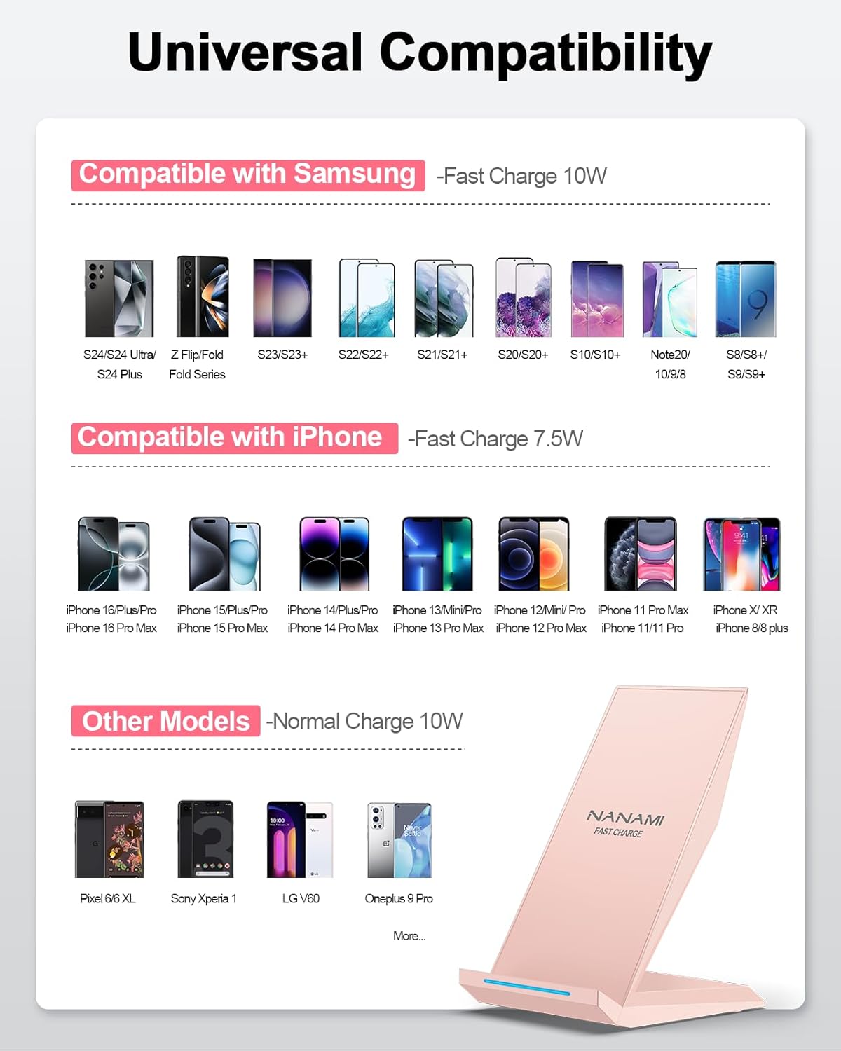 NANAMI Wireless Charger - Qi Certified Wireless Charging Stand Compatible iPhone 17/17 Air/16/15/14/13/12/11 Pro, 10W for Samsung Galaxy S25/S24/S23/S22/S21/S20/Note 20 Ultra and Qi-Enabled Phone