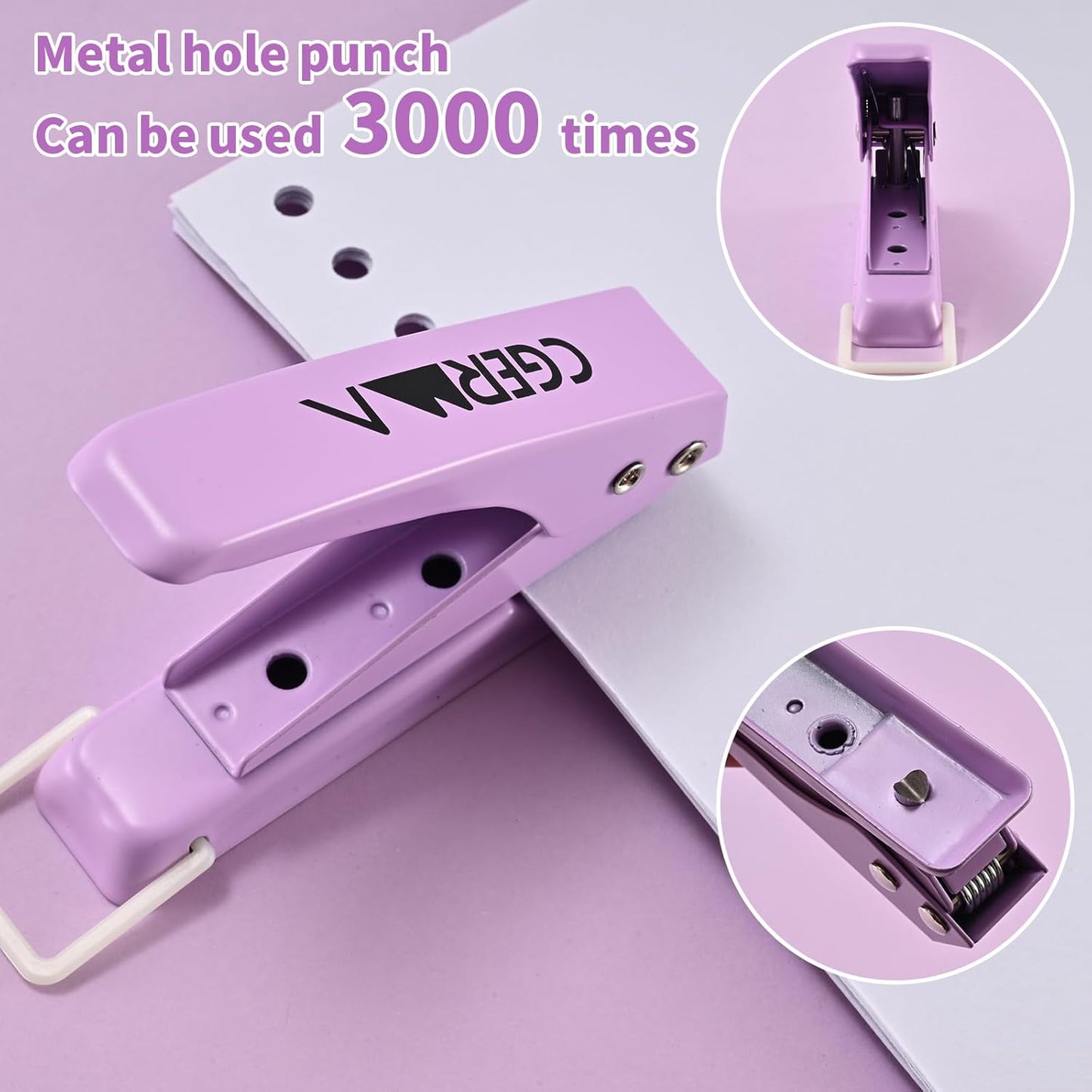 Single Hole Puncher, 1/4" Hole, 50% Labor Savings, Heavy Duty Metal Punch, 15 Sheet Capacity, for ID Cards, Chipboard, Art Project, Crafts Easy Punching, Purple