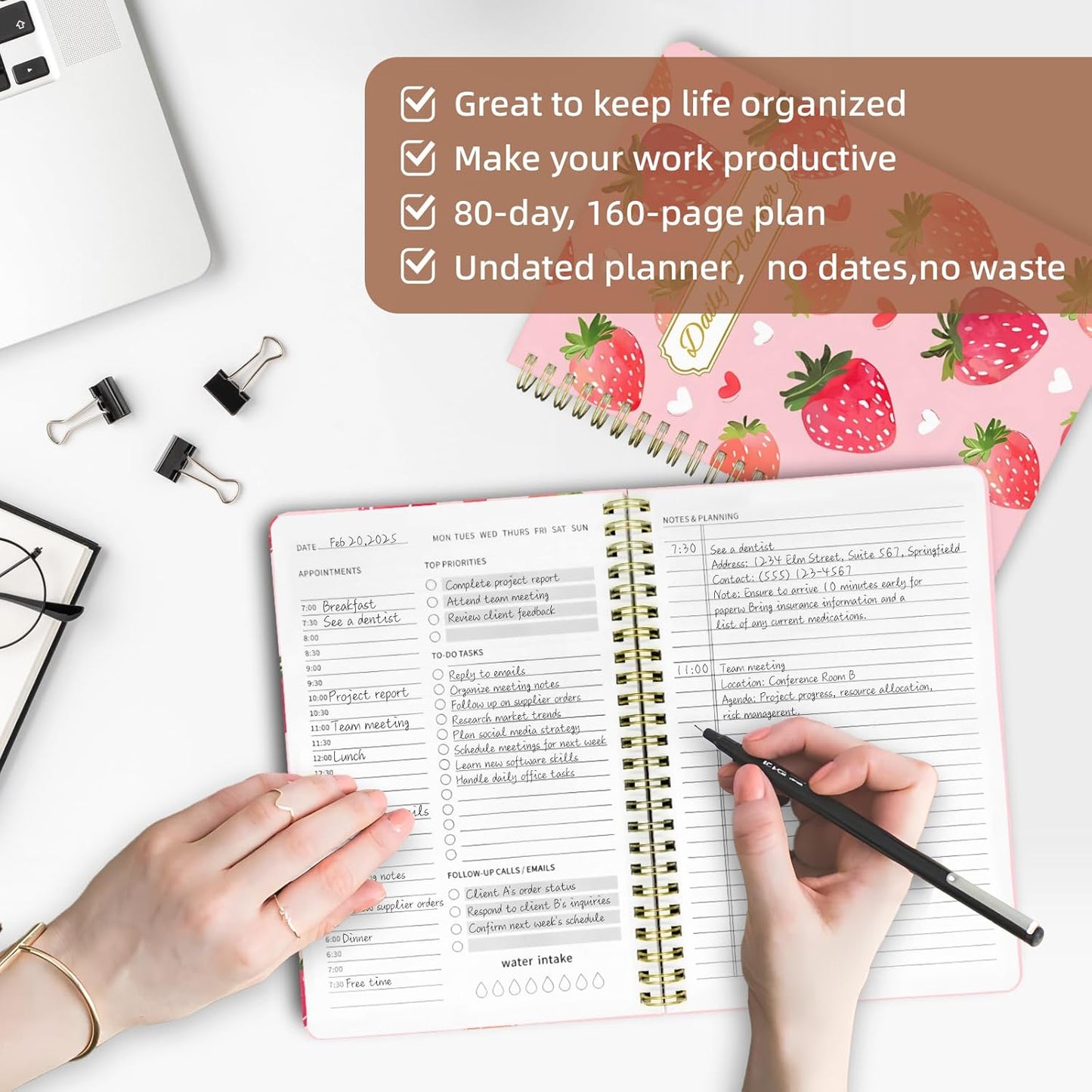 Undated Daily Planner - Spiral Notebook 80 Days One Day Per Page, Hourly Schedule, To-Do List, Notes, Everyday Planning Task, A5 Hardcover Journal Organizer Book Women Cute, Strawberry