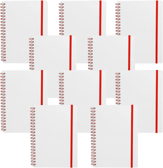 10 White Spiral Notebooks with Elastic Band Pack - 80 lined pages, Recycled - Red