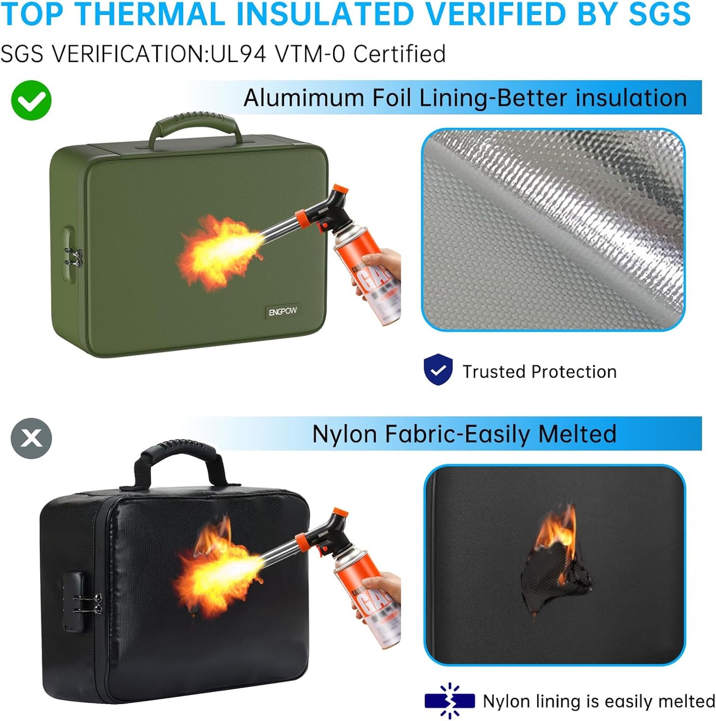 ENGPOW 5200℉ Fireproof File Organizer Bag with 13 Pocket Accordion File Folder,Document Organizer Box with Lock&Labels,Multi-Layer Portable Home Travel Safe Storage for Important Documents,Green