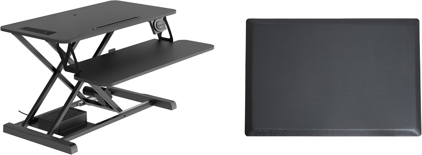 Rocelco 37.4" Electric Standing Desk Converter with Anti-Fatigue Floor Mat - AC USB Charger - Motorized Adjustable Sit Stand Up Computer Workstation Riser - Large Keyboard Tray - Black (R EDRB-MAFM)
