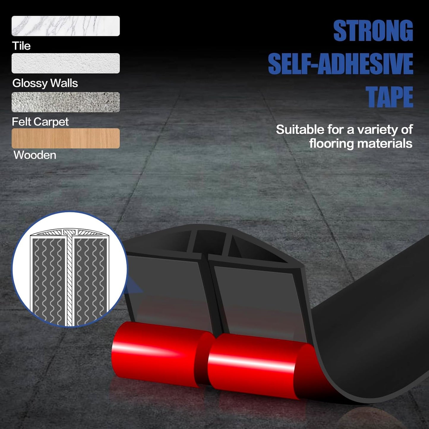 Floor Cord Cover Self Adhesive Cord Hider,3.3FT Cable Management, Extension Strip Protector for Wires, Prevent Cable Trips for Offices, Gyms, Exhibitions Cavity:0.39"(W) x 0.27"(H) Black