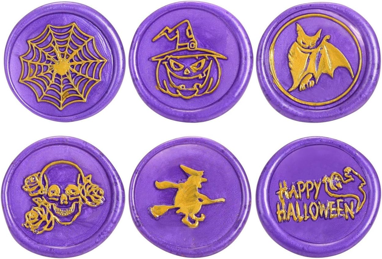 Yoption 6 Pcs Wax Seal Stamp Set, Halloween Sealing Wax Stamps Kit, Wooden Handle with Brass Head for Halloween Invitation Gift Cards