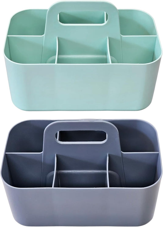 2 Pack Small 6 Compartment Multiuse Caddy Organizer with Handle Art Craft Supplies, Office, Desk, Stationery Pen Holder Stackable- Made In USA (Mint/Gray)