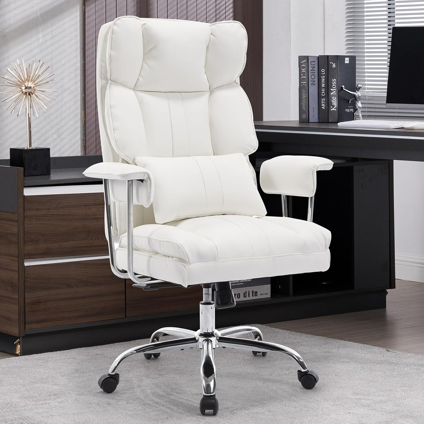 Big and Tall Office Chair 500lbs Wide Seat Executive Office Desk Chair High-Back Office Task Chair with,Ergonomic Lumbar Support Computer Office Chairs for Heavy People(White)