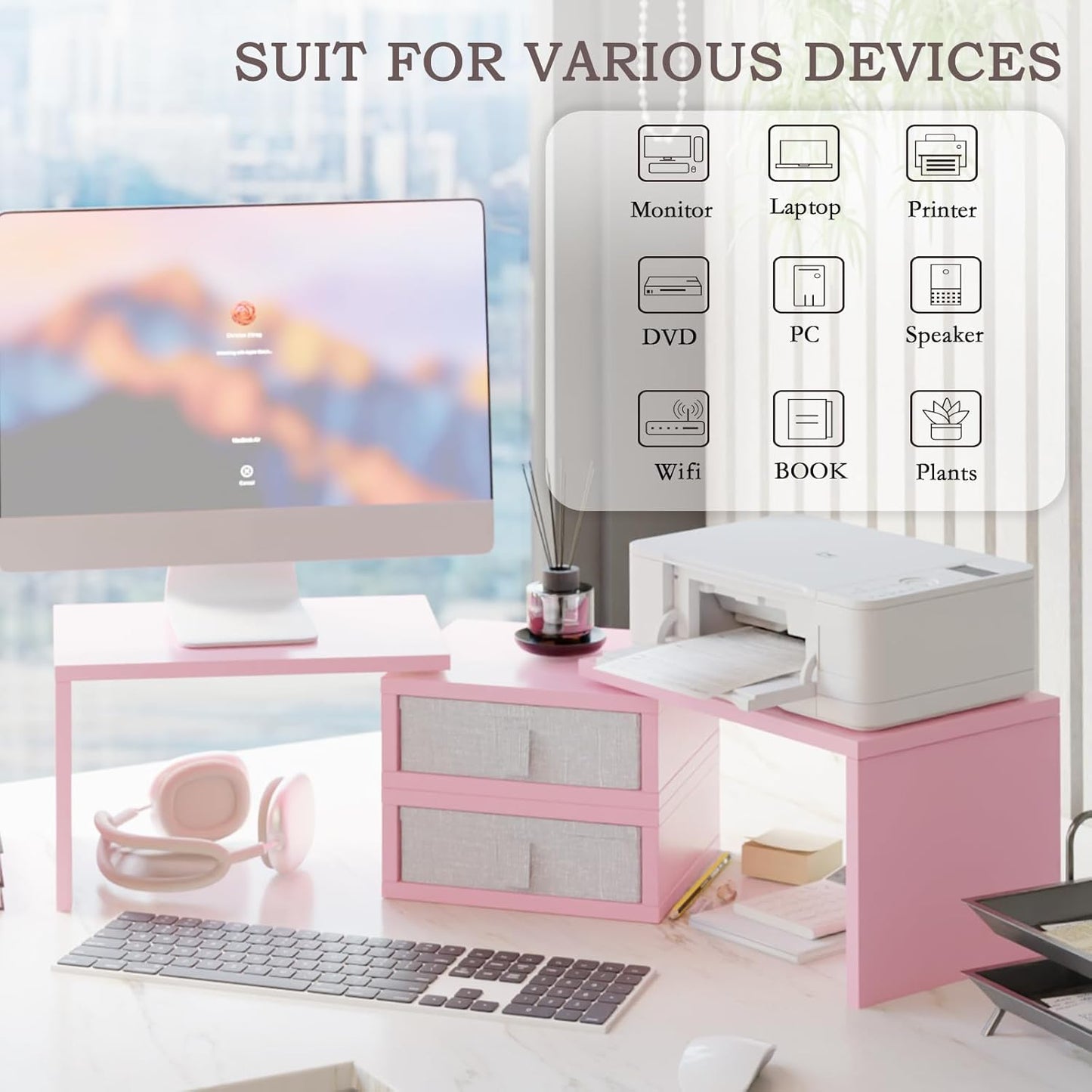 TEAMIX Pink Dual Monitor Stand Riser with 2 Drawers - Length and Angle Adjustable Double Corner Desk Shelf Organizer 37 inch for 2 Laptop/PC/Screen/TV (2 Drawers - 8''H)