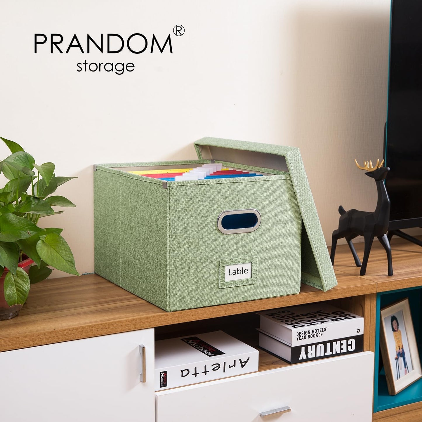 PRANDOM File Organizer Box - Set of 1 Collapsible Decorative Linen Filing Storage Hanging File Folders with Lids Office Cabinet Letter/Legal Green (17x14x11.2 inch)