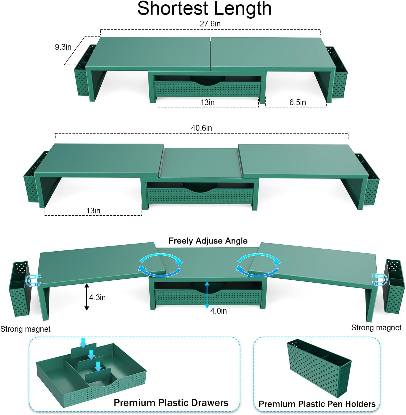 gianotter Dual Monitor Stand Riser, Desk Organizer With Drawer and 2 Pen Holders, Monitor Stand for Desk, Office Decor Essentials (Green)