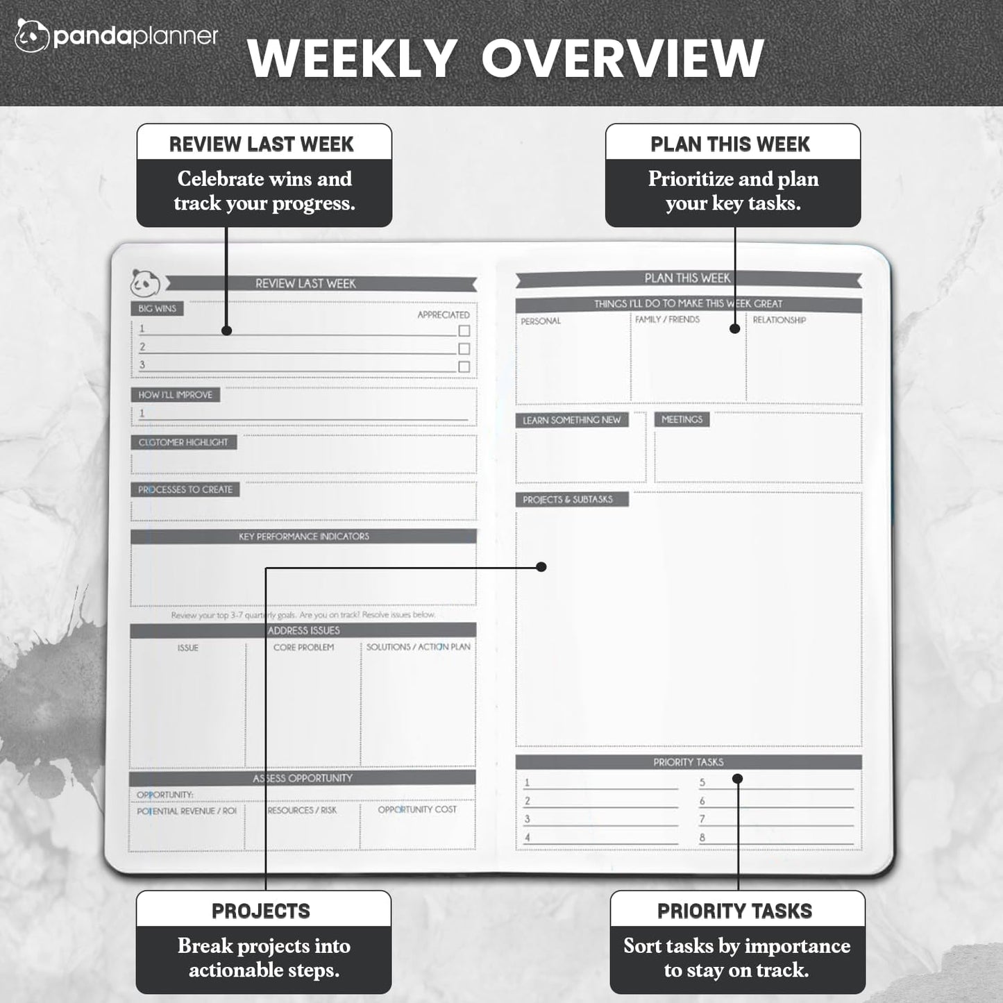 Panda Planner 2025-2026 Business Planner – Undated Daily Work Planner for Professionals & Entrepreneurs – 90 Day Organizer with Goals, KPI Tracker, Monthly Weekly Layout – Compact 8.25” x 5.75” (Black)