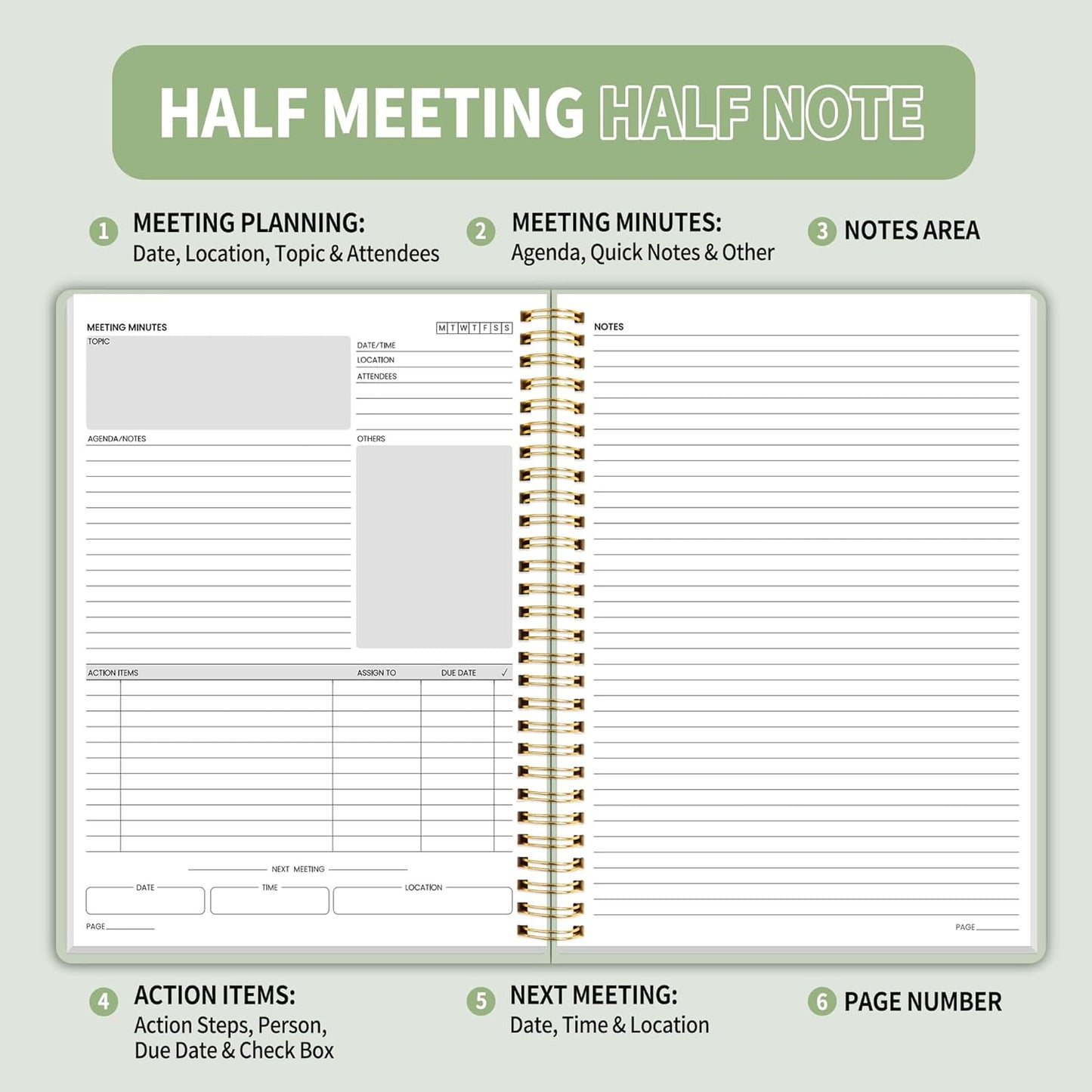 SUNEE Half Meeting Half Note - 7.5"x10" Professional Notebooks for Work - 160 Pages, B5 Size Project Planner, Spiral Meeting Agenda/Minutes Organizer for Women Men, Note Taking, Office & Business