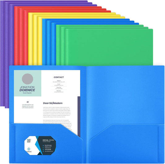 Gueevin 50 Pcs Plastic Folders with Pockets, Back to School Two Pocket Folder Fit Letter Size, Heavy Duty School Business Card Holder for Home Office, 11. 61 x 9. 45 Inches (Multicolor)