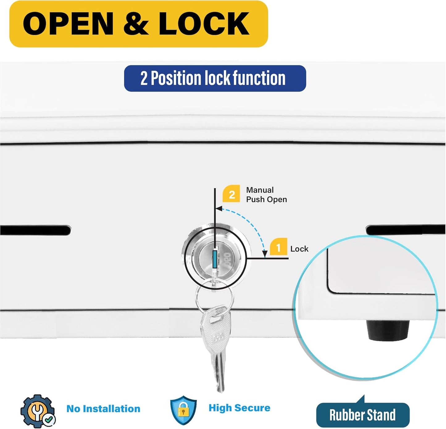 HK SYSTEMS 13inch Heavy Duty Manual Push-Open Cash Drawer with 4Bill/5Coin, Removable Till, Two Medial Slots, White