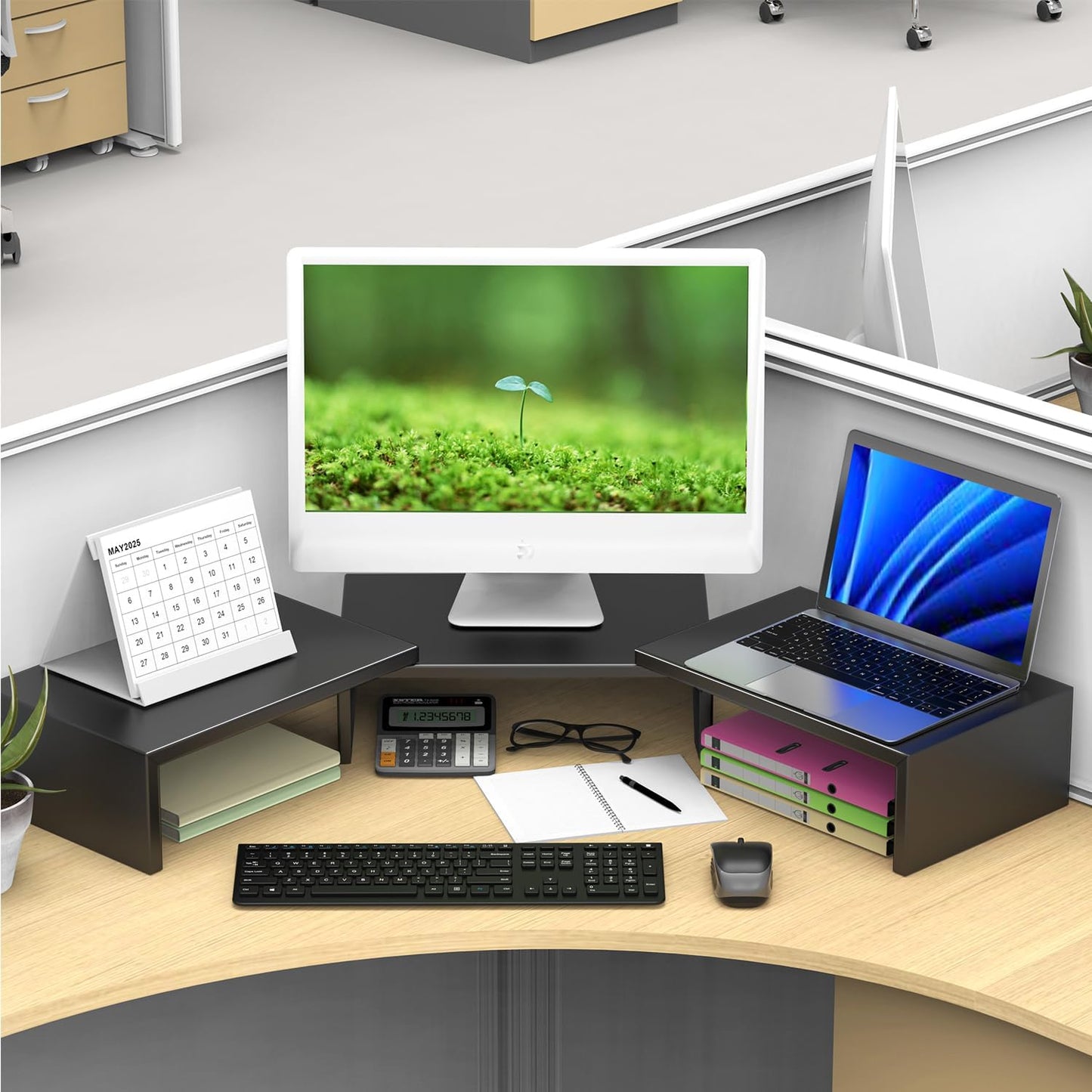 Dual Monitor Stand for Desk, Metal Computer Stand, Desk Shelf Riser,Desktop Organizer for Home and Office Use (Black)