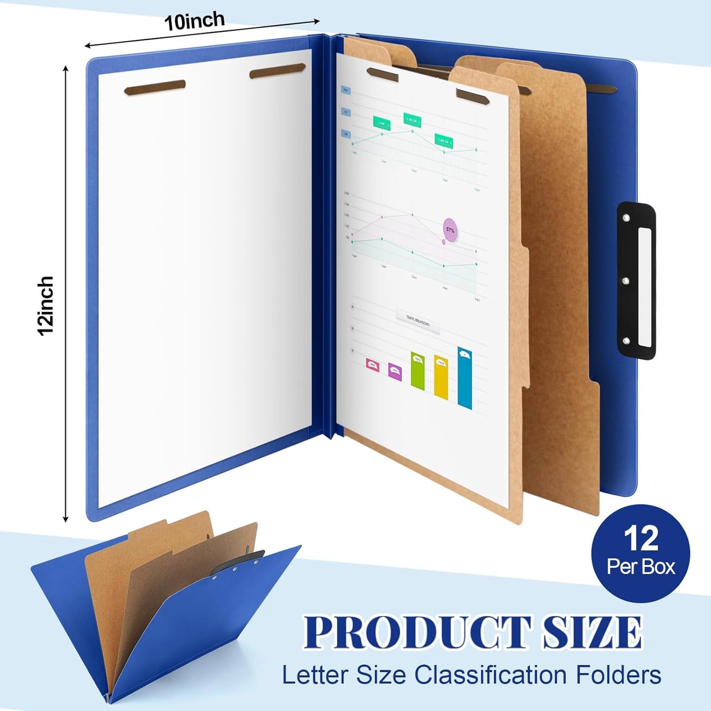 Henoyso 12 Pcs Classification Folders with Prongs, 2 Dividers, 1/3-cut Flat Tab, 3 Inch Expansion, 60 Stickers, Letter Size Blue File Folder with Fasteners for Medical Law Files Office Reports