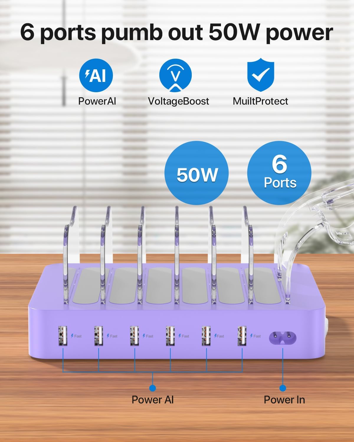 SooPii Premium 6-Port USB Charging Station Organizer for Multiple Devices, 6 Short Charging Cables and One Upgraded i-Watch Charger Holder Included, for Phones,Tablets and Other Electronics, Purple