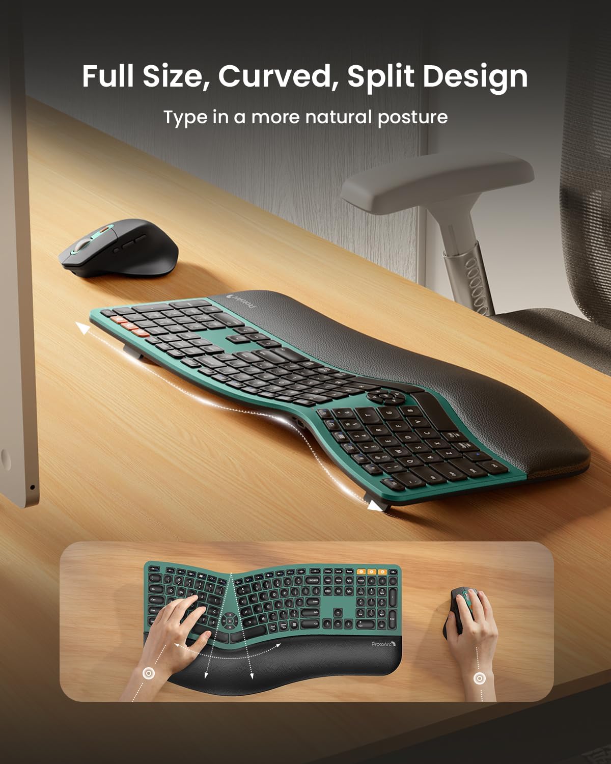 ProtoArc Ergonomic Wireless Keyboard Mouse, EKM01 Plus Full Size Ergo Bluetooth Keyboard Mouse Combo, Split Design, Wrist Rest, Multi-Device, Rechargeable, for Windows/Mac OS - Green